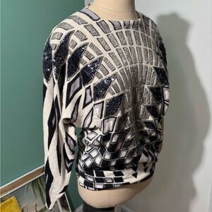 Vintage Angora Beaded Art Deco Print Batwing Sweater